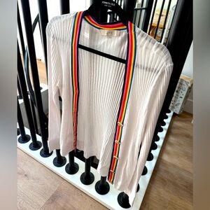 LOFT White Cardigan with Rainbow Trim